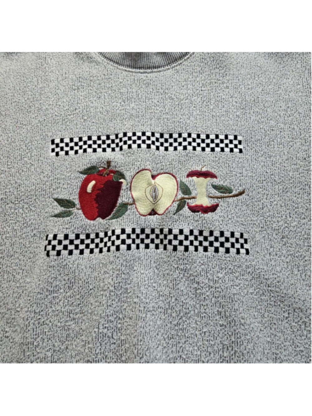Vntg 90s BonWorth Apple Embroidered Sweatshirt Women XL Gray Cottagecore Grandma - Picture 3 of 6